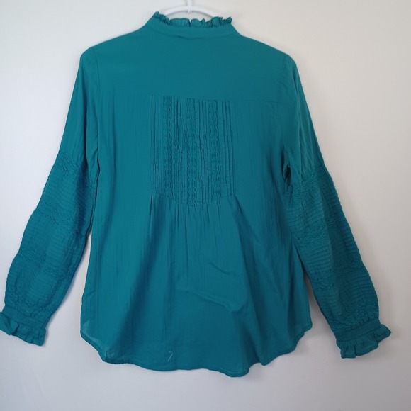 Sundance Teal Blue Cotton Pintuck Lace Ruffle Neck Blouse Small - Picture 9 of 10